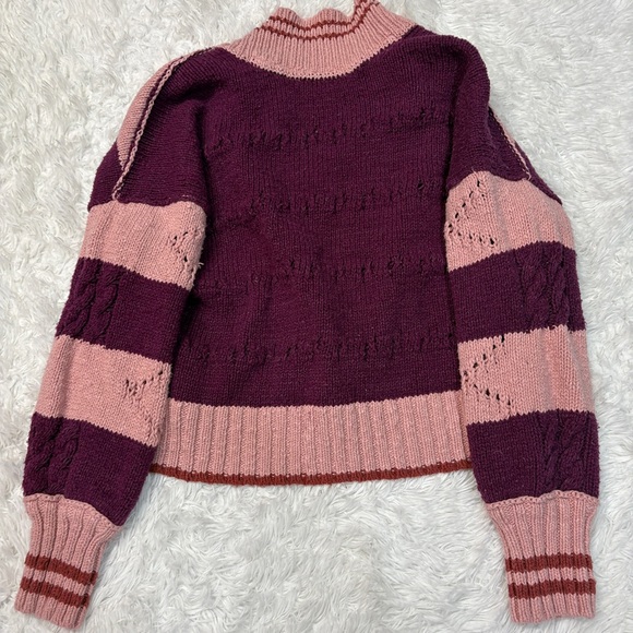 Free People Pembrook Striped Cable-Knit Moody Pink Oversized V-neck Sweater - Picture 5 of 5